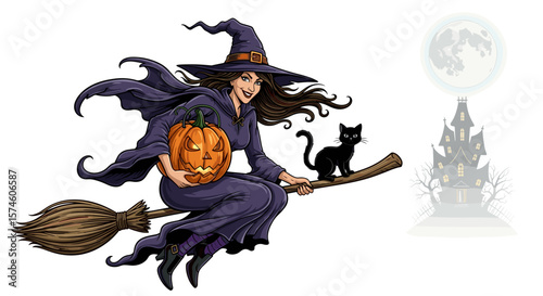 A witch flying on a broom with a cat holding a pumpkin near a haunted house