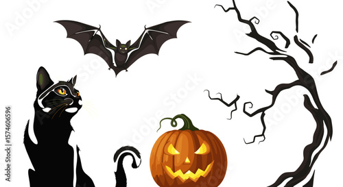 Illustration of a halloween scene with a black cat, bat, pumpkin, and bare tree