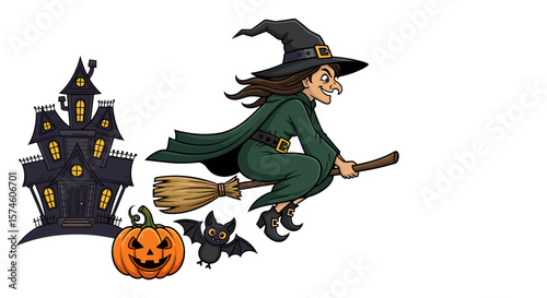 A cartoon witch flies on a broomstick near a haunted house with a bat and pumpkin