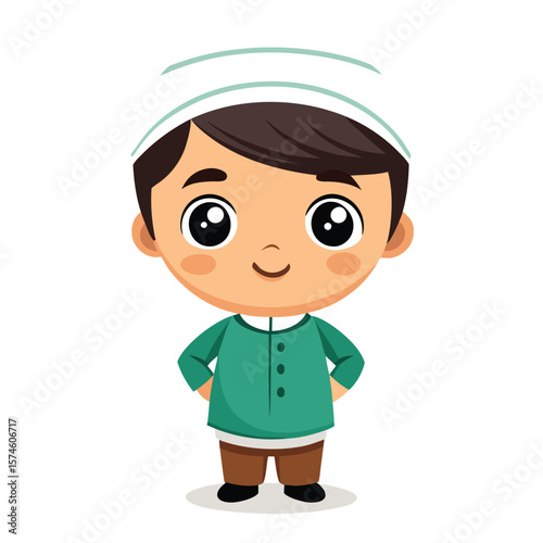 Cartoon boy in traditional clothes, with a light-colored hat, big eyes, and a teal-colored tunic