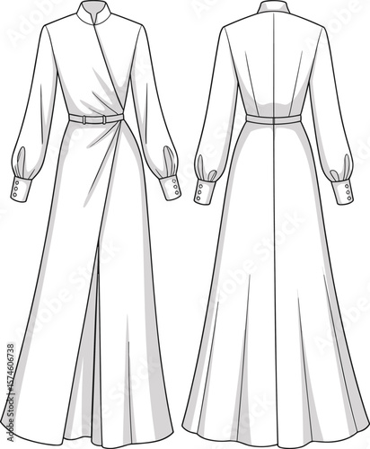 Romantic Long Sleeve Blouse CAD Drawing Flat Vector Illustration with Ruffled Neckline and Voluminous Sleeves for Fashion Design