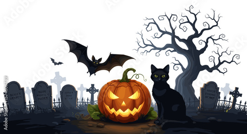 Halloween scene with pumpkin, black cat, bats, tombstones, and spooky tree art