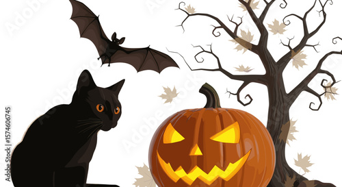 Halloween scene with a black cat, bat, carved pumpkin, and a bare tree with leaves