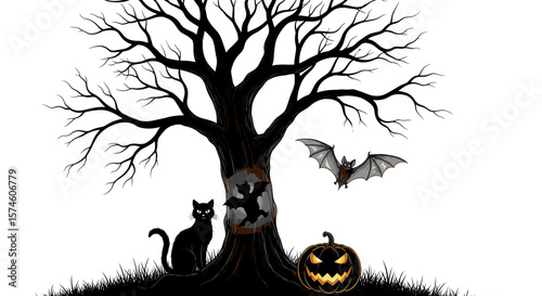 A spooky halloween scene featuring a tree, cat, bat, pumpkin and ghost cutout