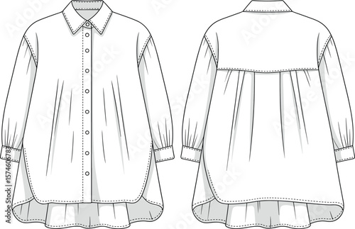 Flowy Oversized Long Sleeve Blouse CAD Drawing Flat Vector Illustration with Button Front for Contemporary Fashion Design