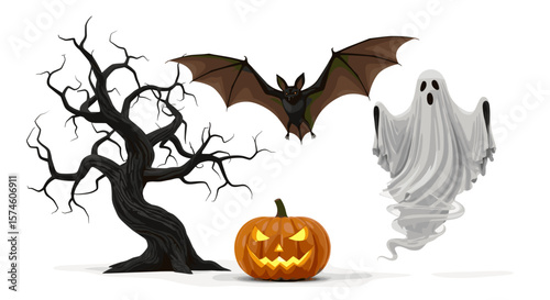 Halloween scene with a gnarled tree, a bat, a ghost, and a jack o lantern image