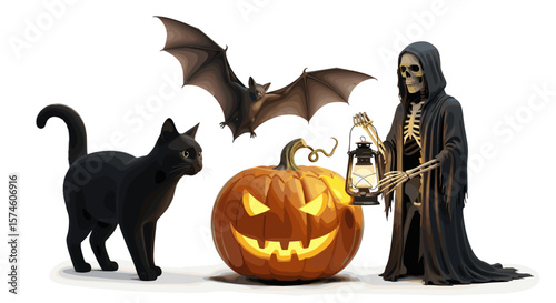 Halloween themed image featuring a black cat, bat, pumpkin and grim reaper figure