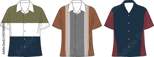 Set of Three Retro Bowling Shirts CAD Drawing Flat Vector Illustration with Color Block Panels for Fashion Design