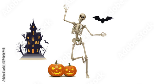 Halloween scene featuring a skeleton, haunted house, pumpkins, and a flying bat