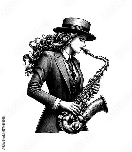 Woman in Suit and Hat Playing Saxophone in Detailed Black and White Engraving Style