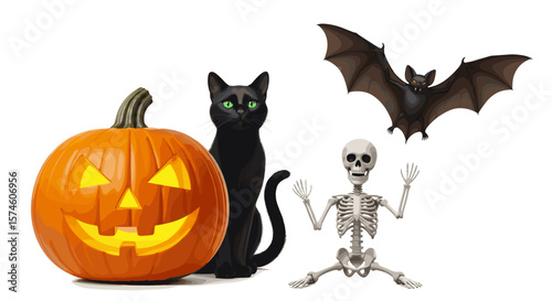 Halloween scene with a jack o lantern black cat bat and skeleton illustration