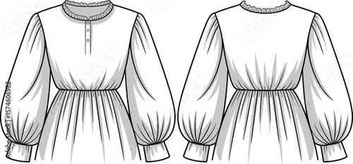 Elegant Long Sleeve Dress CAD Drawing Flat Vector Illustration with Ruffled Neckline and Empire Waist for Fashion Design