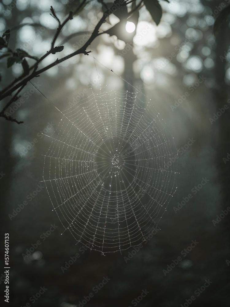 Naklejka premium A spiderweb covered in dew hangs in a forest with sunlight streaming through the trees in the background