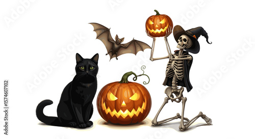 Halloween scene with black cat, bat, pumpkins, and skeleton with a witch hat