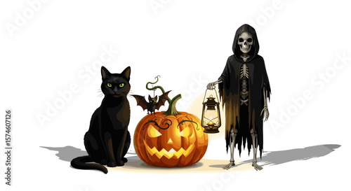 A halloween scene featuring a black cat, a pumpkin, and a grim reaper figure