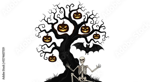 Halloween scene with a spooky tree, hanging pumpkins, bat, and a skeleton figure