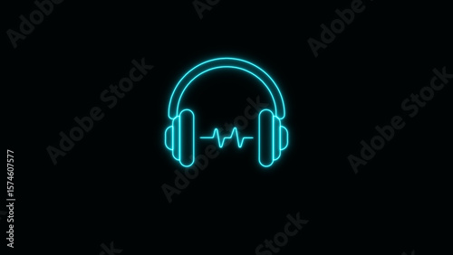 Futuristic digital neon headphones audio icon isolated on black background