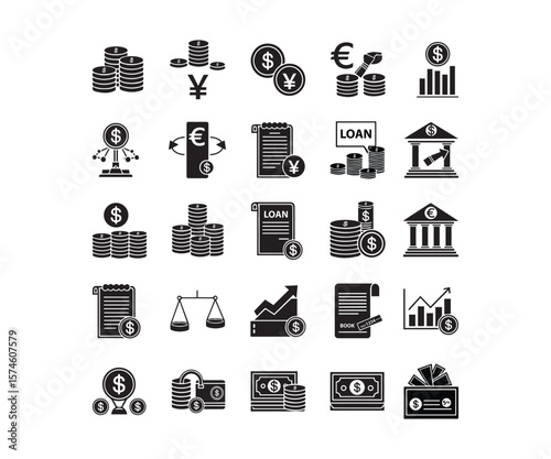 Global Finance & Banking Black Solid Icons: Loans, Currency & Growth