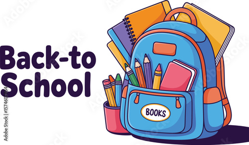 Illustration of a backpack filled with school supplies and back to school text on the left side