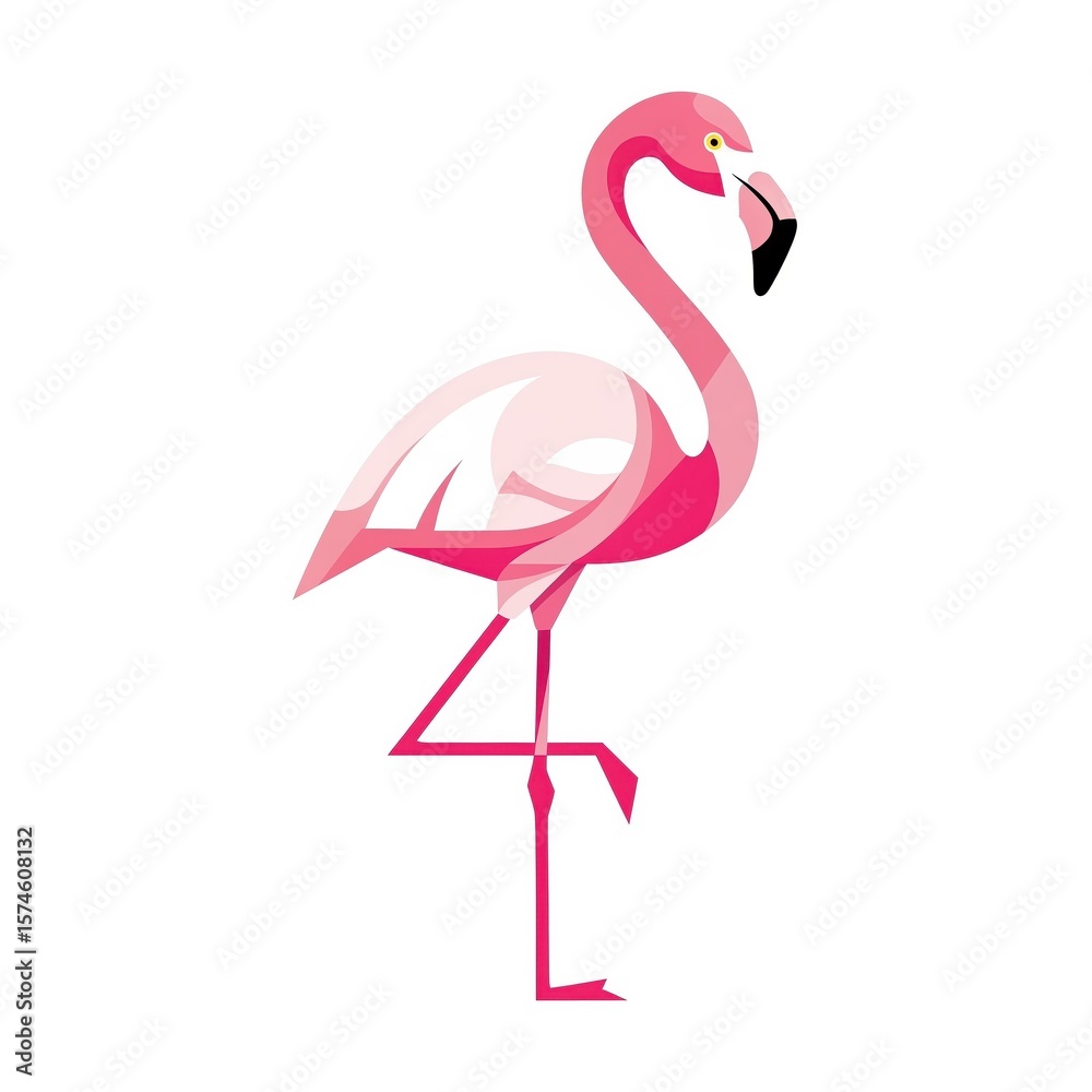 Obraz premium Pink Flamingo Illustration: Geometric Bird Standing on One Leg, White Background