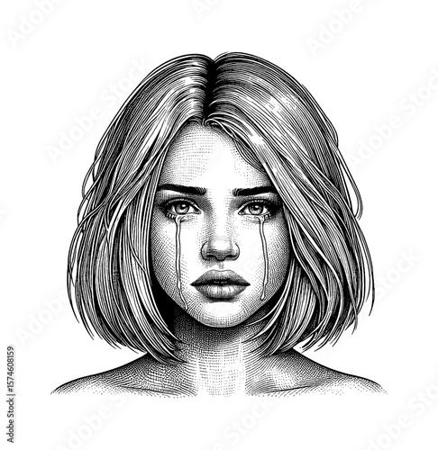 Portrait of a Sad Caucasian Woman with Tears in Her Eyes in Black and White Engraving Style