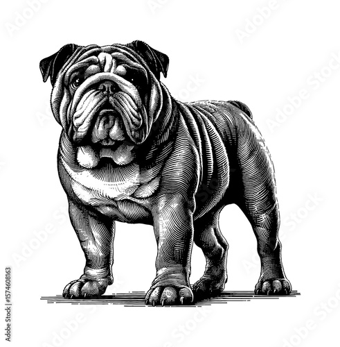 Engraved Illustration of a Standing English Bulldog on Isolated White Background in Black and White