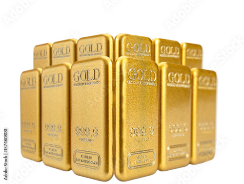 Stacked shiny gold bars with embossed text, showcasing their precious metal value. bars are arranged in neat formation, highlighting their uniformity and gleaming surface