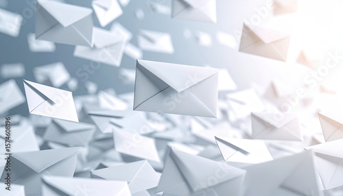 Many white envelopes float in the air