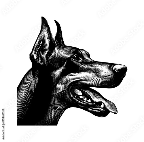 Detailed Engraving of a Doberman Dog Head Profile with Open Mouth on White Background