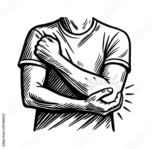 Illustration of a Man Clutching His Elbow in Pain with a Black and White Drawing