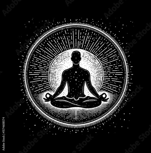 Meditating Silhouette in Lotus Position with Circular Light Rays Black and White Engraving