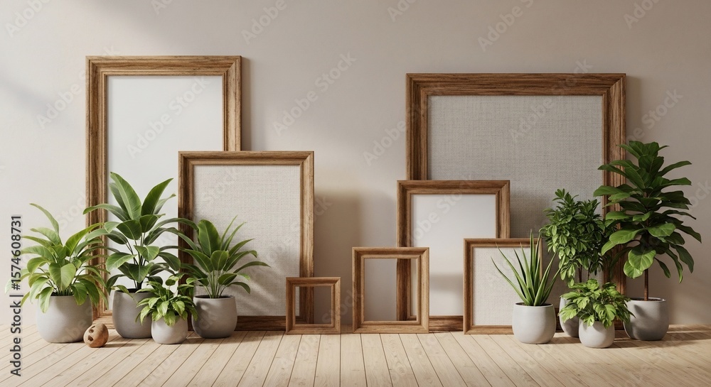 Fototapeta premium Gallery Wall Mockup with Wooden Frames and Potted Plants on Wooden Floor