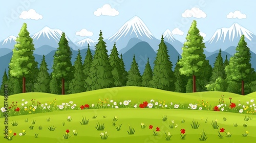 Lush landscape with mountains and wildflowers.