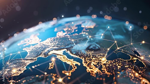 Western Europe digital globe rotation, European Union network connectivity, data transfer and telecommunication