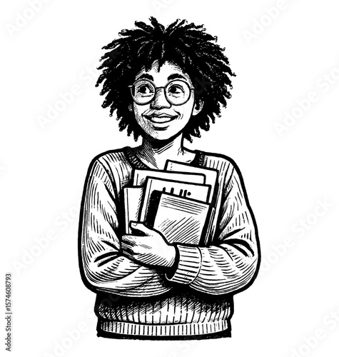 Smiling African American Student Holding Books Wearing Glasses in Detailed Line Art Drawing