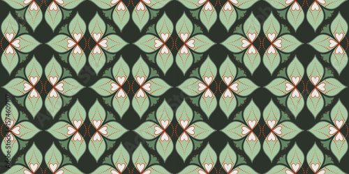 Diagonal flowers ornament of calm green colors. Floral seamless pattern in vintage style. Traditional ceramic tile. Vintage square mosaic tile. Plant repeating ornament on dark background