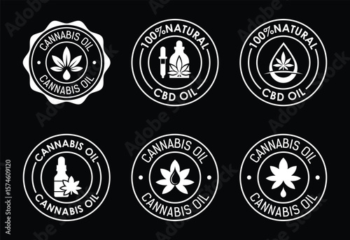 Assorted Cannabis and CBD Oil Logos in White on Black Background Elegant and Minimalist Designs for Natural Products