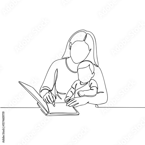 Mother writing in notebook while holding child on table  