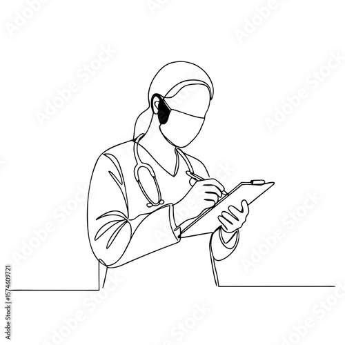 Medical assistant writing notes while wearing a headset in an office  
