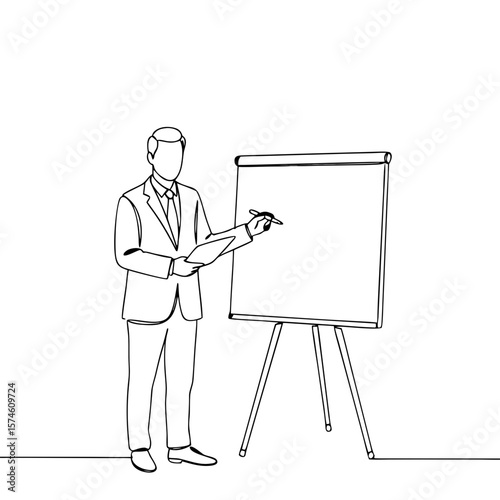 Businessman presenting ideas with pen and notepad beside flip chart  
