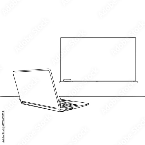 Open laptop and blank monitor on minimal desk background  