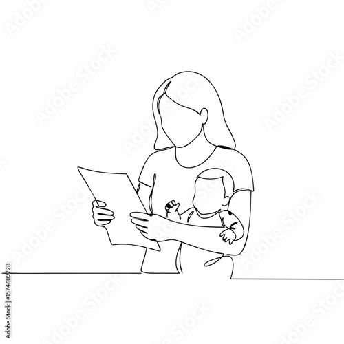 Mother holding baby while reading document at home  