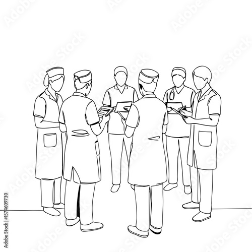 Group of healthcare professionals discussing notes during briefing  