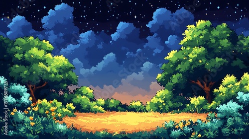 Pixel art landscape of a field at twilight.