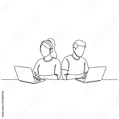 Young couple working on laptops in minimalist home office setting  