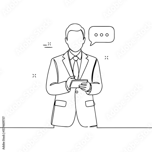Businessman in suit texting on smartphone with speech bubble outline  