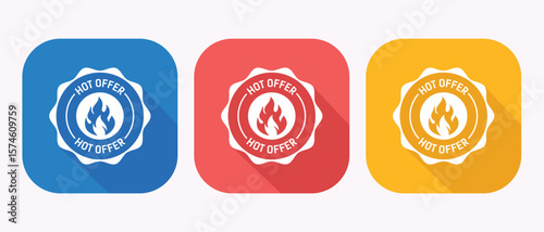 Colorful Hot Offer Icons in Blue Red and Yellow Colors with Flame