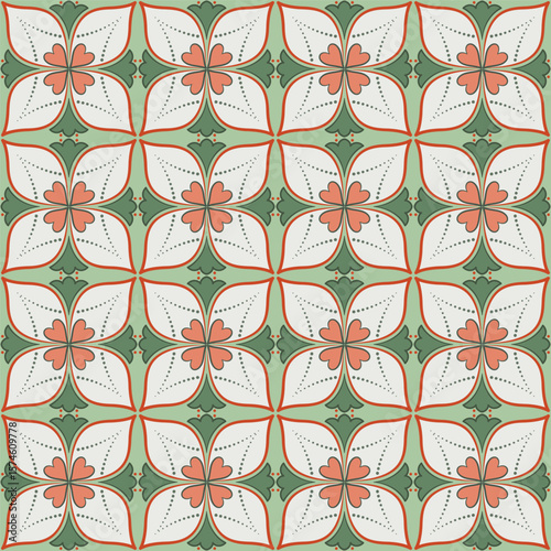 Floral seamless pattern in vintage style. Traditional painted ceramic tile. Medieval flowers ornament of calm green terracotta colors. Vintage square mosaic tile. Plant repeating ornament for printing