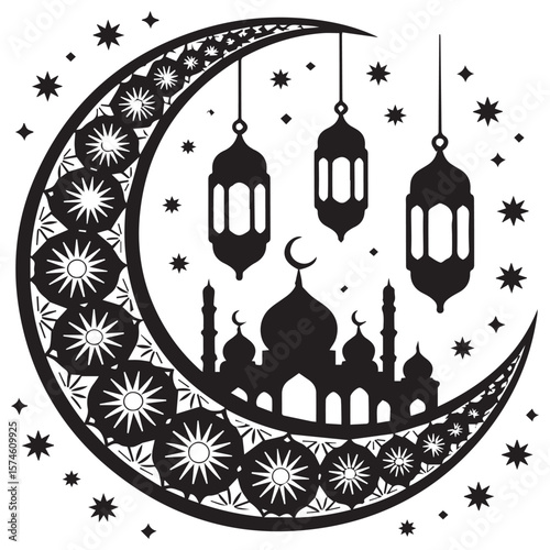 Islamic crescent moon with mosque silhouette lanterns and stars decorative design for ramadan and eid celebrations