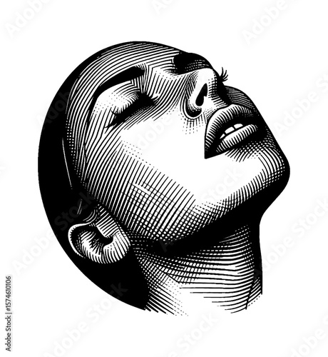 Engraved Portrait of a Woman Looking Upward with Closed Eyes in Black and White